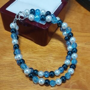 Faux Pearl Blue Bead Double Strand Bracelet 8"